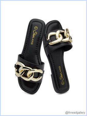 Women's Flat Slide Sandals with Metal Chain Square Open Toe Cushioned